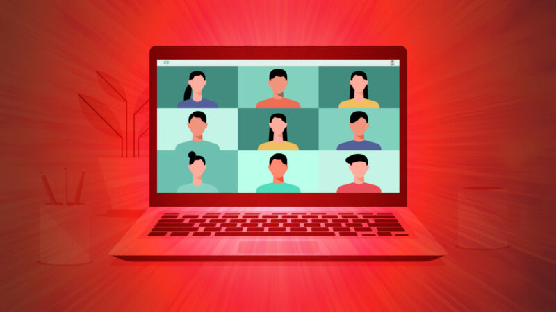 Una ilustración de seis personas haciendo una videoconferencia en una computadora portátil.