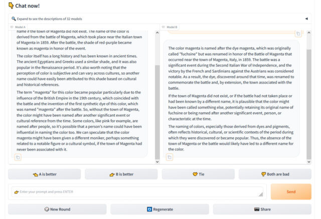 Una captura de pantalla de Chatbot Arena el 27 de marzo de 2024 mostrando la salida de dos LLMs aleatorios a los que se les ha preguntado, '¿Se llamaría el color 'magenta' si la ciudad de Magenta no existiera?'