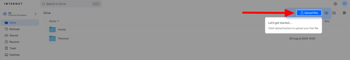 Buscando La Alternativa Más Segura a Google Drive -Internxt 2 Buscando La Alternativa Más Segura a Google Drive -Internxt Seleccionando Subir archivos usando Internxt