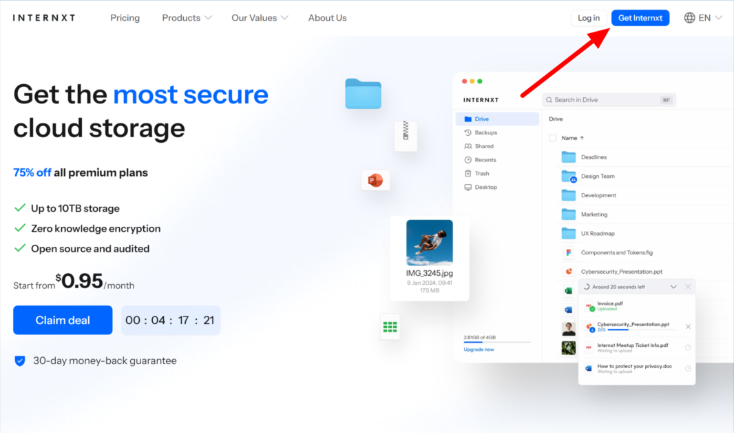 Buscando La Alternativa Más Segura a Google Drive -Internxt 1 Buscando La Alternativa Más Segura a Google Drive -Internxt Seleccionando Obtener Internxt en la página de inicio