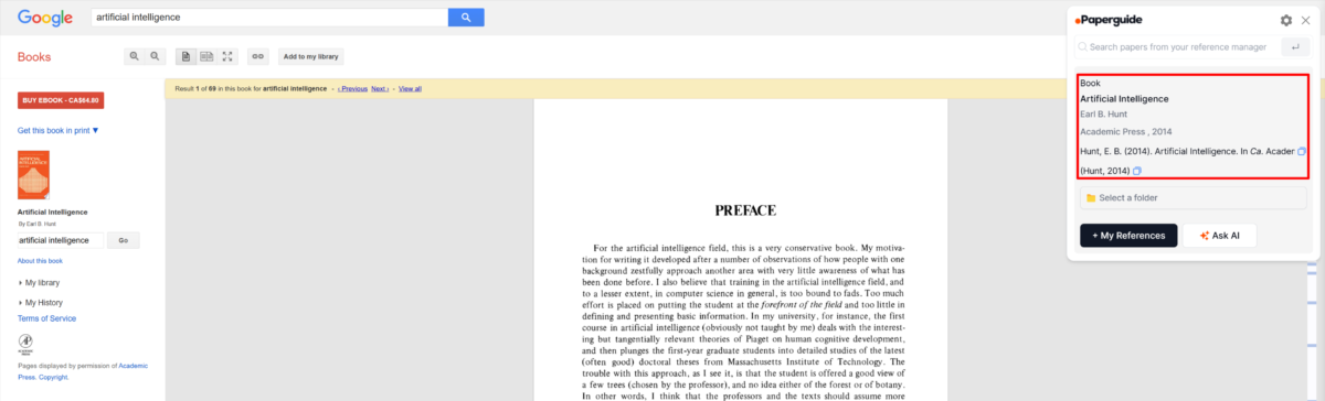 Información básica de la extensión Paperguide de un libro encontrado en Google Scholar.