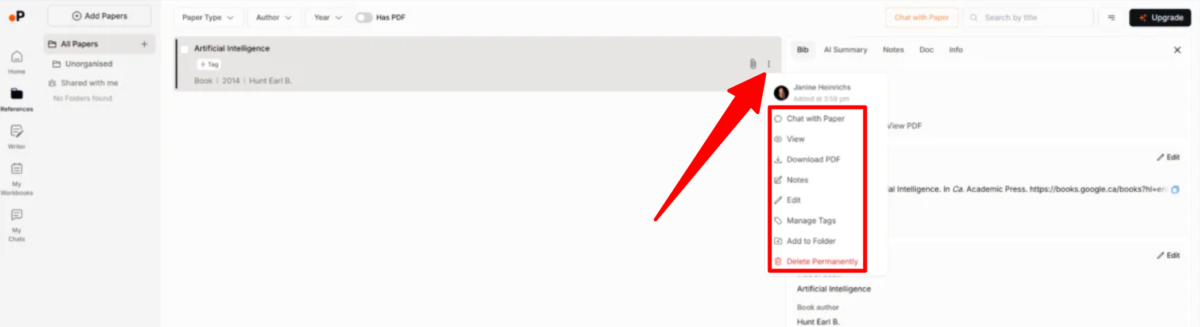 Visualizando las opciones del menú desde una referencia en Paperguide.