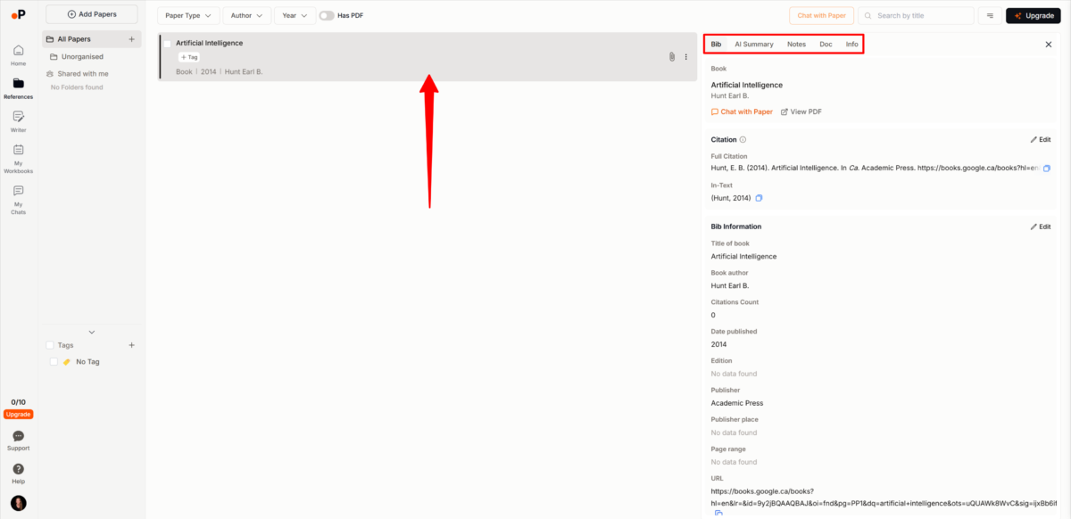 Seleccionando una referencia en Paperguide.
