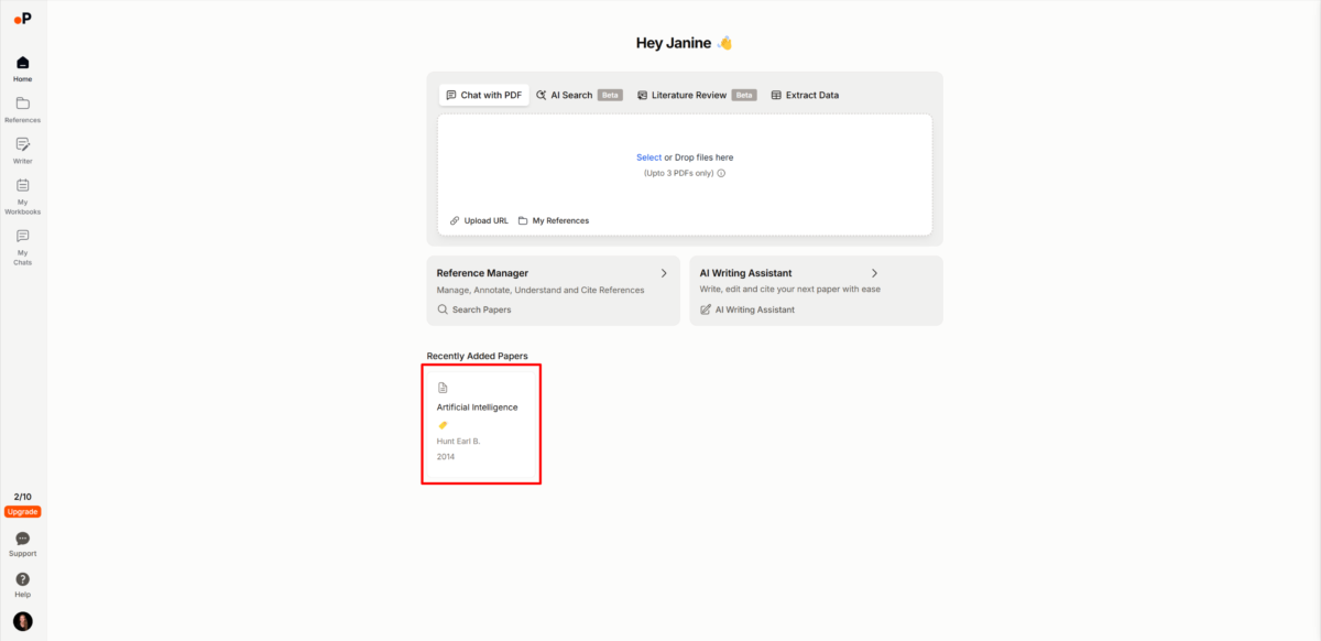 Papers recientemente añadidos en el panel de control de Paperguide.