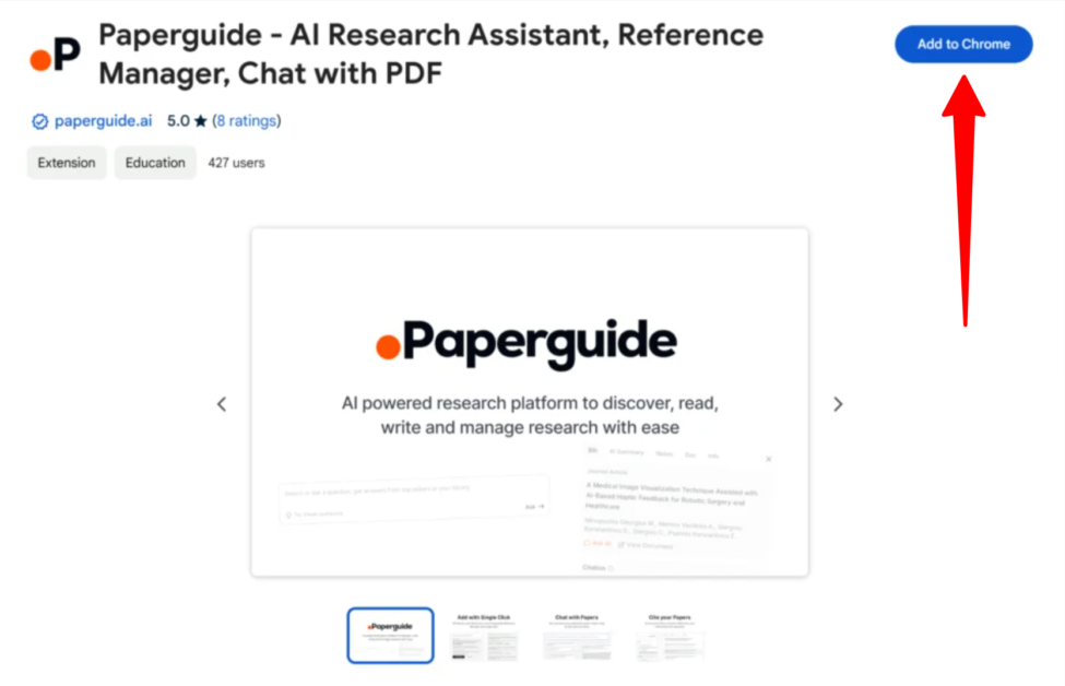 Agregando Paperguide a Google Chrome desde la tienda de Google Chrome.