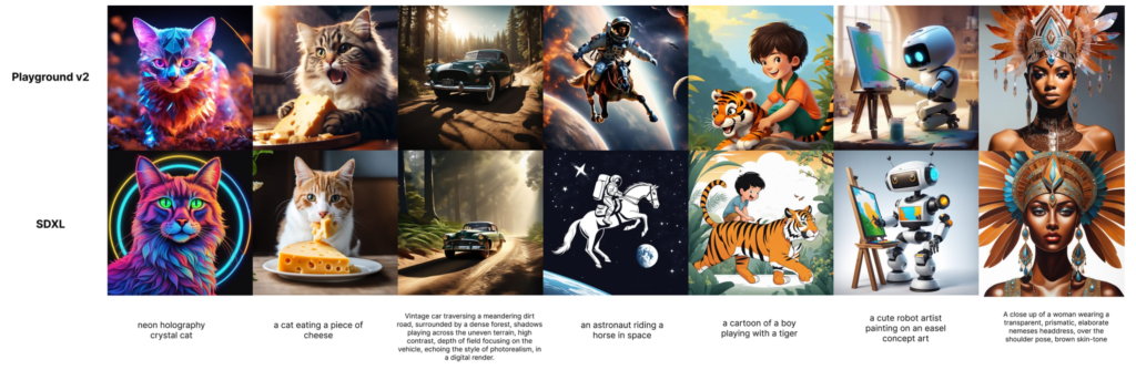 Playground v2 es un nuevo modelo de texto a imagen 1 El equipo de desarrollo de Playground ha lanzado el modelo generativo de texto a imagen Playground v2, el cual ha superado a su competidor, Stable Diffusion XL, en un estudio de usuarios demostrando ser preferido 2,5 veces más que el modelo antes mencionado.