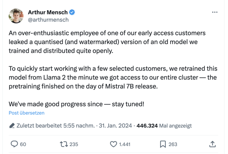 La fuga involuntaria de IA de Mistral se convierte en Recientemente, la comunidad de código abierto ha sido testigo del impacto de un novísimo modelo de inteligencia artificial: "miqu-1-70b". Este software emergió sorpresivamente en plataformas de intercambio de modelo de IA como HuggingFace y posteriormente en foros como 4chan, donde fue expuesto por primera vez por un usuario bajo el pseudónimo "Miqu Dev". Este suceso elevó la curiosidad dentro de la comunidad tech, que notó un rendimiento excelente en las primeras pruebas, equiparando e incluso superando al más potente de los desarrollos previos de Mistral.