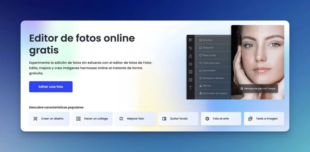 Editor de fotos Editar fotos online gratis Fotor AI Mafia IA en tamano grande Fotor es una plataforma de edición fotográfica avanzada y versátil, ideal para tanto principiantes como profesionales. Iniciada en 2012, esta herramienta líder en el mercado utiliza inteligencia artificial (IA) para facilitar la edición fotográfica profesional de manera rápida y económica. Gracias a sus algoritmos de vanguardia y aprendizaje automático, Fotor permite realizar ediciones con apenas unos clics.