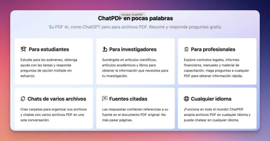 preguntar a tu pdf chat pdf 🌐 ChatPDF es una plataforma que utiliza la tecnología de inteligencia artificial de ChatGPT API de OpenAI para analizar y comprender documentos PDF, respondiendo preguntas en tiempo real en cualquier idioma.