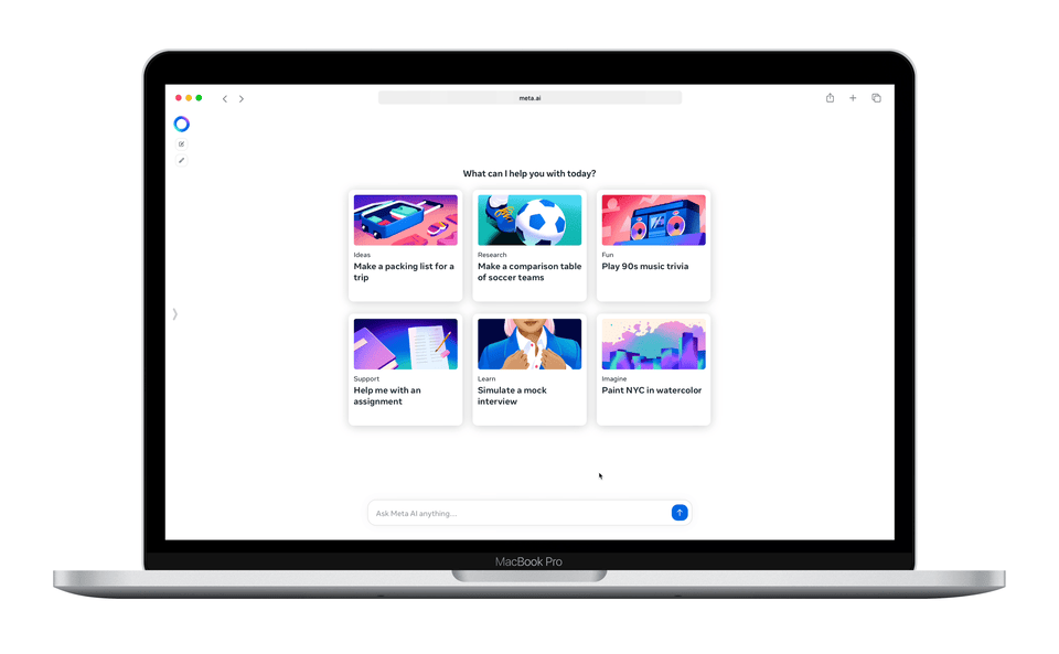 Animación que muestra el sitio web de Meta AI en una computadora portátil